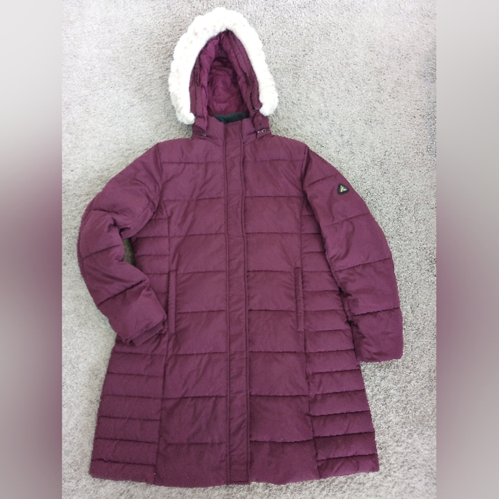 WOMEN'S BURGUNDY HEAVYWEIGHT PARKA JACKET SIZE XXL WITH DETACHABLE FAUX FUR HOOD
